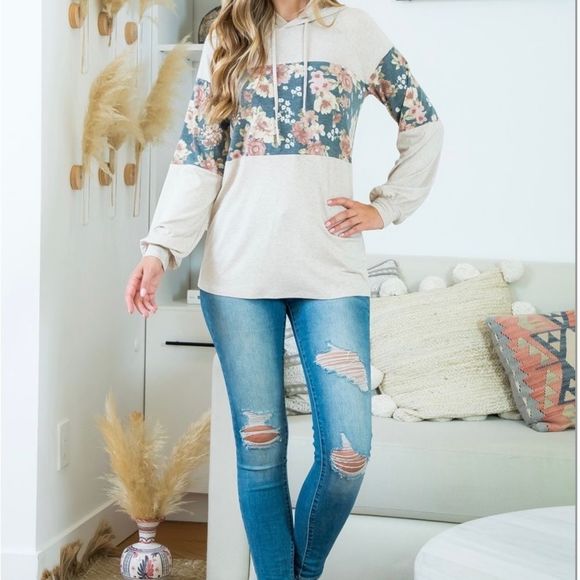 𝅺floral CONTRAST LONG SLEEVE HOODIE WITH SELF TIE-OATMEAL-BLACK/DARK CORAL! - Picture 4 of 6